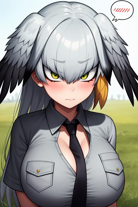 (masterpiece, best quality:1.2), (tsurime:1.2),
1girl, female, solo, face focus, face close-up, close-up face, 
1girl, shoebill (kemono friends), breasts, solo, grey hair, alternate breast size, huge breasts, blush, spoken blush, head wings, shirt, necktie, grey shirt, looking at viewer, multicolored hair, upper body, breast pocket, pocket, sidelocks, closed mouth, collared shirt, cleavage, hair between eyes, button gap, bangs, black hair, bursting breasts, v arms, white necktie, yellow eyes, breasts squeezed together, green eyes, long hair
 <lora:Tsurime:1>