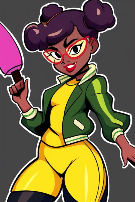 <lora:april_rtmnt:0.7>  masterpiece, best quality, 1girl, solo, smile, short hair, dark skin, black eyes, double bun, makeup, glasses, lipstick, dot pupils, simple background, yellow shirt, green jacket, leggins, delicated ilumination, baseball bat,