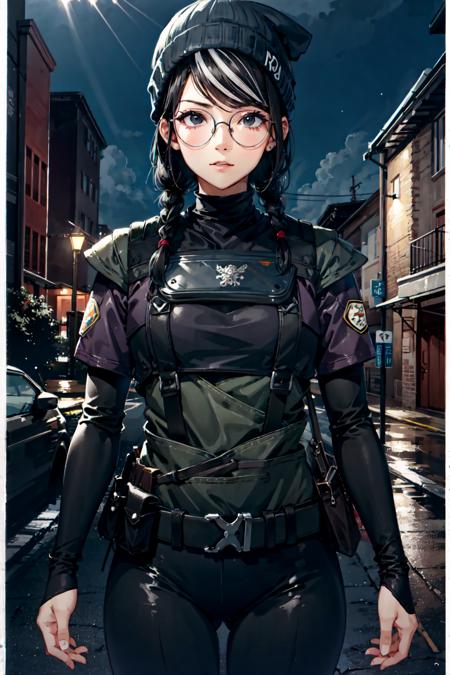 masterpiece, high quality cg, anime, illustration, best quality, 1girl, bound, bondage, beautiful face, detailed face, cowboy shot, dokkaebi, 1girl, solo, looking at viewer,  black hair, braid, glasses, black gloves, belt, pants, black eyes, twin braids, streaked hair, black headwear, bodysuit, black pants, round eyewear, black bodysuit, beanie, hair behind ear, <lora:Dokkaebi:0.9>