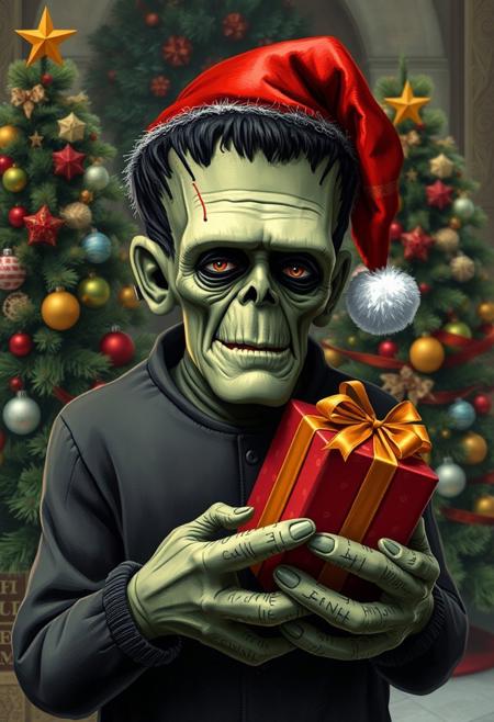 Frankenstein’s Monster wearing a Santa hat and holding a Christmas present in front of decorated Christmas trees. Looking at viewer with slight smile.