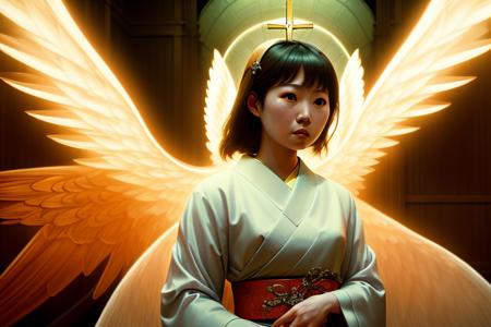 a movie still of a japanese woman, wings,angelical, cinematic light