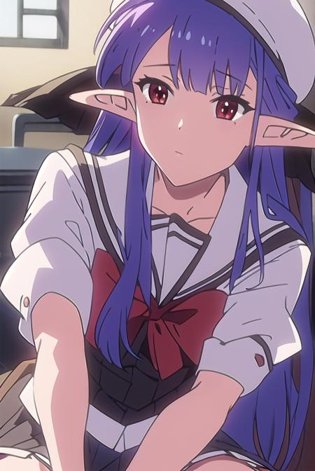 shufflenerine, <lyco:nerine-LYCORIStest:1>,
nerine, long hair, blue hair, pointy ears, (red eyes:1.5),
BREAK skirt, hat, school uniform, short sleeves, socks, puffy sleeves, puffy short sleeves, beret,
BREAK looking at viewer,
BREAK indoors, classroom, 
BREAK <lora:GoodHands-vanilla:1>, (masterpiece:1.2), best quality, high resolution, unity 8k wallpaper, (illustration:0.8), (beautiful detailed eyes:1.6), extremely detailed face, perfect lighting, extremely detailed CG, (perfect hands, perfect anatomy),