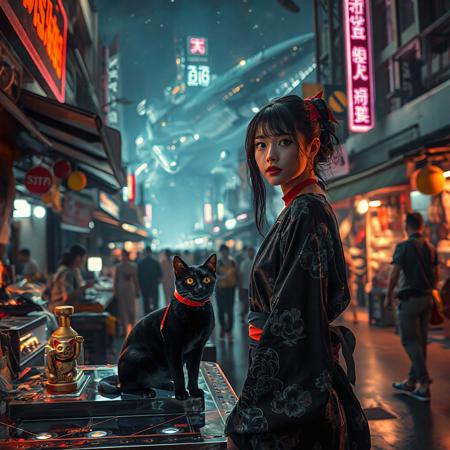 Setting is a futuristic cyberpunk street market at night, the market is comprised of street vendors selling robot parts, food, weapons, and robots. People wearing futuristic cyberpunk clothing are walking through the street market shopping and eating, A sleek black cat with red collar sits on a cluttered metal riveted desk with transparent top and micro-LED lighted computer components visible inside, On the desk is an ebony and gold maneki neko statue and futuristic art deco lighting, (((a beautiful woman, 24 years old, is standing in the foreground FACING THE VIEWER, she has an expression of interested curiosity)))))), the sleek black cat with red collar is sitting on the desk and watching the people walking by in the busy street market, the woman is dressed in futuristic cyberpunk Japanese style yukata with a plunging neck line alluring but Japanese classic aesthetic. An enormous art deco inspired starship with futuristic lighting and an enormous space station are visible in the background among the stars, The woman's hair is elegantly tied up with a ribbon. Artistic cyberpunk, dynamic perspective, (((overall architectural aesthetic is Art Deco Cyberpunk))).  Epic image that elicits a feeling of wonder and awe,