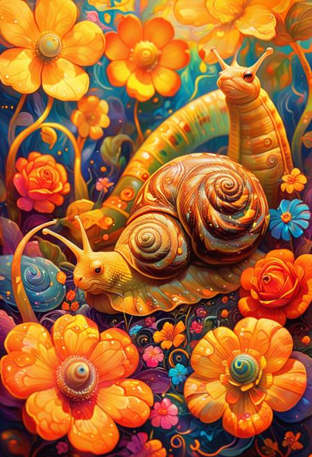PsychadelicChaos, absurdres, high resolution, detailed, art by RHADS, photograph, A vibrant and colorful scene unfolds as a group of animals gather around a small, glowing Snail. The flower is psychadeliced in a cheerful yellow hue, with swirling patterns of orange and red dominating the background. Joyful, Intentional Camera Movement, Fuji superi400, 50mm, Hypersaturated, <lora:Upgraders\Detail Tweaker XL:1.0>, <lora:Challenge\aidmaPsychadelicChaosWorldMorphXL-V0.1:1.0>