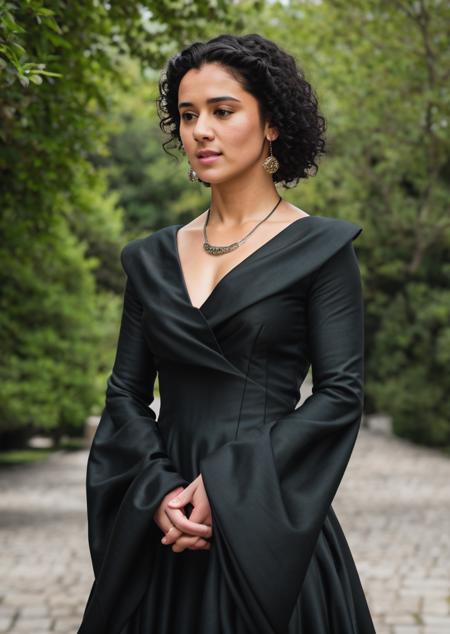RAW photo, subject, 8k uhd, dslr, high quality, film grain, Fujifilm XT3, professional photo, (detailed skin:1.3), high quality, beautiful women, portrait, <lora:Game_of_Thrones_-_Fashion:0.7> , game of thrones fashion, game of thrones dress, black dress, outside, 1girl, black hair, deep neckline, v-neckline, wide sleeves,