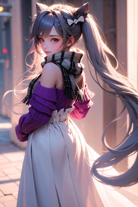 gikeqlr, <lora:wrenchgikeqlr:1>, 1girl, sweater, scarf, twintails, long skirt, light smile, looking back,