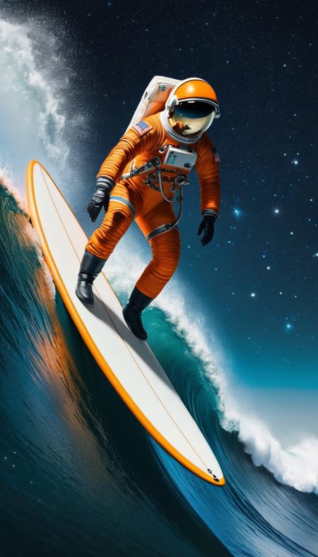 The image features a man in an orange space suit riding a surfboard on an orange color wave. The man appears to be a space astronaut, and the surfboard is positioned in the middle of the scene. The wave is quite large, and the astronaut is skillfully navigating it. The scene is set against a backdrop of a starry sky, adding to the overall visual appeal of the image,  <lora:add-detail-xl:1>
