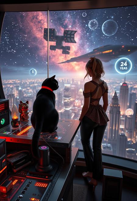 A sleek black cat with red collar sits on a cluttered metal riveted desk with transparent top and micro-LED lighted computer components visible inside, On the desk are a maneki neko statue and a lava lamp, the Black Cat is looking out of a seamless and futuristic floor to ceiling window that looks out at the lights of enormous buildings and cities far below, (((a beautiful woman, 24 years old, is standing behind a desk looking out at the nebulae and starships, the sleek black cat with red collar is sitting on the desk and looking out the window, the woman is dressed in an ornate elegant Art-Deco Chinese style top that displays her toned abdomen and tight leather pants. An enormous art deco inspired starship with futuristic lighting and an enormous space station are visible in the background among the stars, The woman's hair is elegantly tied up with a ribbon. Artistic cyberpunk, dynamic perspective, (((overall architectural aesthetic is Art Deco Cyberpunk))).  Epic image that elicits a feeling of wonder and awe, part of the interior is visible,