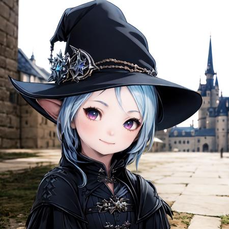 masterpiece, best quality, highly detailed, (close-up portrait), a girl dynamic camera, short light blue hair, red eyes, black witch hat, intricate black witch dress, black boots, posed for a photo, castle courtyard in daytime <lora:lalafell_v1.5:0.9>