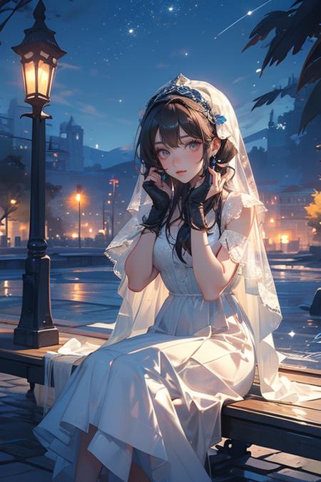 a woman in a white dress sitting on a bench next to the water at night with a veil on her head, Du Qiong, cosplay, a hologram, rococo <lora:blue:0.8>