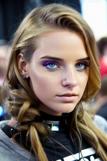 a stunning young woman at the crowded comicon, (people in the background), in a cute starwars sweatshirt, (close up), [happy], perfect face, raw, 8k uhd, <lora:sofiGoldfinger:0.98>