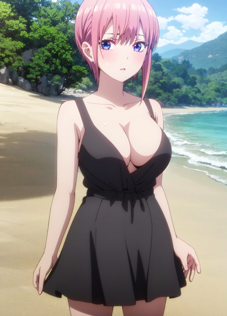 1 girl, ichika, ichika nakano, tall, adult, mature, season1, pink hair, short hair, black bra, black panties, nsfw, lewd, sexy attire, revealing clothes, looking at viewer, beach background, sky, anime screencap, anime coloring, very colorful, 8k masterpiece, blue eyes, standing, (waifu, anime, exceptional, best aesthetic, new, newest, best quality, masterpiece, extremely detailed:1.2),, masterpiece, best quality,<lora:Quints-50:1>