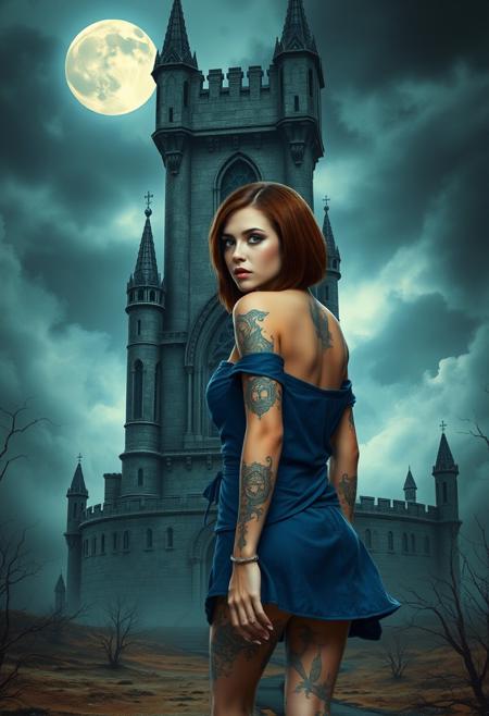 Digital fantasy artwork depicting a woman with fair skin and short, straight, brown hair, she has blue eyes and is wearing heavy makeup, including dark eyeshadow, eyeliner, and pink blush, wearing a short blue tunic revealing mystical tattoos on her arms and legs. She is walking away from a towering, intricately designed gothic castle is set against a dark, stormy sky with a full moon. The castle has a weathered, ancient appearance, giving it a mystical and eerie ambiance. The structure is surrounded by a barren, desolate landscape. The overall mood is dark