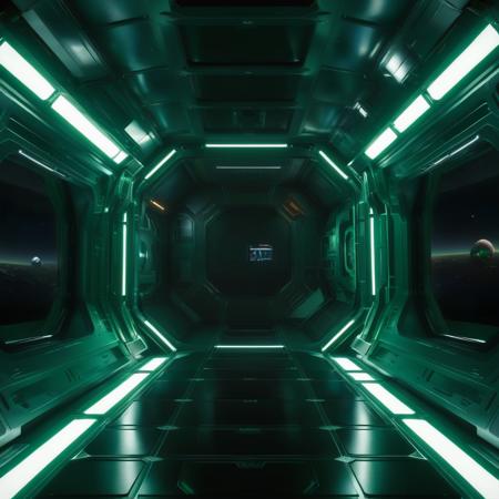 <lora:3DCyberpunkStyleXL:1.4> space station interior, science fiction, Earth view from space, spaceship corridor, high-tech design, futuristic architecture, digital art, green lighting, metal surfaces, 3D rendering, reflections, detailed textures, clean lines, angular structures, advanced technology, control panels, elongated windows, starry sky, artificial gravity, atmospheric perspective, wide angle, artificial environment, panel lights, industrial design, video game environment, glowing strips, metallic floors, interior design, environmental art, game concept art, personal portfolio, immersive experience, design complexity, ambient occlusion, shadow play, volumetric lighting, zero gravity concept, space travel, perspective lines, cinematic lighting, long shadows, space habitat, serene atmosphere, panoramic windows, sci-fi aesthetic, isolated environment, bulkhead door, reinforced structures, advanced civilization, deep space, creative vision, space exploration theme.