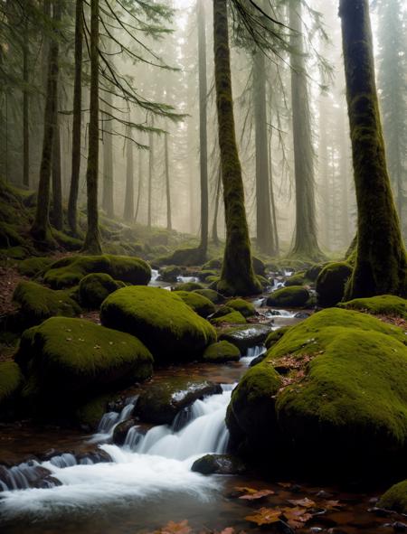 A breathtaking forest scene with tall trees reaching for the sky, sunlight filtering through the leaves, casting a golden glow on the forest floor. Small streams trickle through the moss-covered rocks