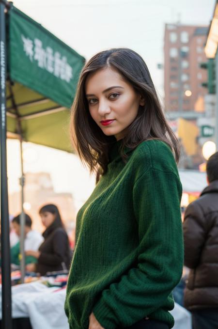 Instagram picture of a  beautiful women,wearing  green sweater, crowded night market, exploring stalls, lipstick, epic character composition,by ilya kuvshinov, alessio albi, nina masic,sharp focus, subsurface scattering, f2, 35mm, film grain <lora:ShrimaMalati:1>