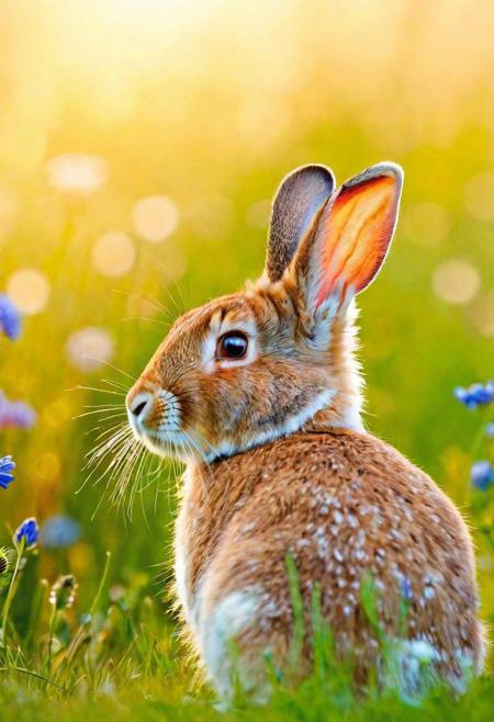 Exquisite quality, visual masterpiece, top-tier resolution, ultra-detailed, UHD sharpness, depth of scenery, rabbit, nestled in spring meadow, early morning, vibrant nature, soft morning haze, surrounding wildflowers, fluffy and textured fur, adjacent, sunbeam through morning mist, sparkling, (gentle sunlight:1.2), dewdrops on grass and fur.