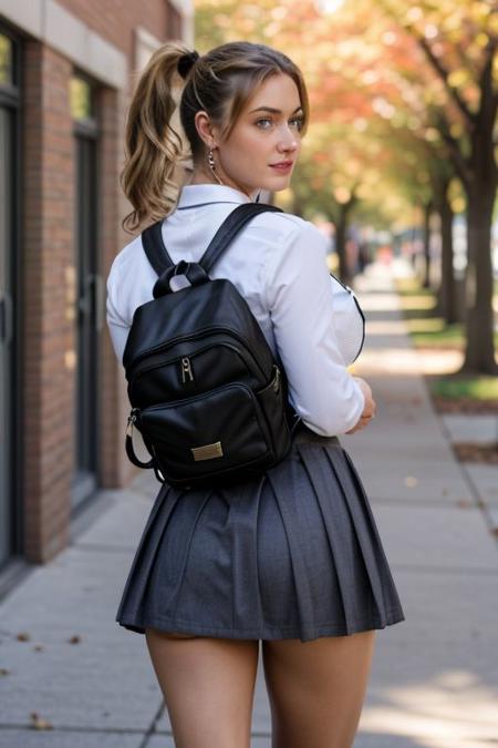 cinematic photograph of a cute college blonde, heavy eyelids, face details, skin texture, intricate details, walking through campus in the fall, loose open white  shirt, very thin waist, hourglass, miniskirt, strong thighs, toned body, lip filler, backpack,, sharp focus, pretty eyes, looking at viewer, oxford, fall leaves, wavy hair, ponytail, very long hair, big hoop earring, gigantic breasts, hanging breasts, busty, school dress,
