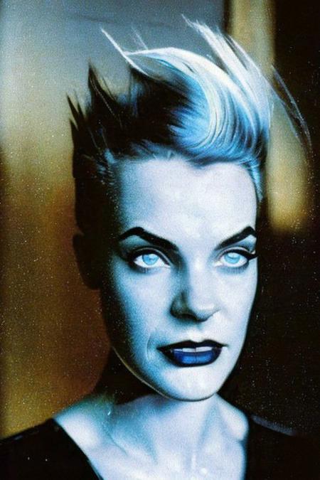 1girl Solo LIVEWIRE. Beautiful face, detailed face. Blue Lipstick. Glowing eyes, photo of perfecteyes eyes. Spiked hair. Perfect eyebrows. Spiked Collar.
Leotard, Perky breasts.
Portrait, medium closeup.
90s Flash photo, lomography Kodak Ektachrome, 50mm f/4 analog photo. Shallow depth of field.