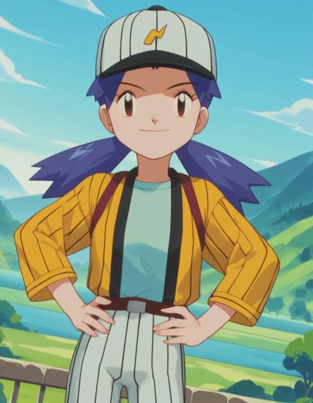 casey, long hair, twintails, blue hair, shirt, long sleeves, hat, striped, white headwear, baseball cap,