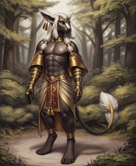 zonai,
background of forest, dark gray skin, zonai tail, full body, gold eyes, feet, tassel on tail, male, white hair, realistic,
<lora:Zonai by Vultsky - v0.1:0.75>