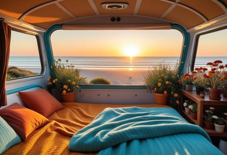 inside a cozy scifi campervan, comfy bed and warm blanket, plants, flowers, decoration, view from the back on quiet beach, sunrise, peaceful, vibrant colors, Moebius (Jean Giraud) Style page