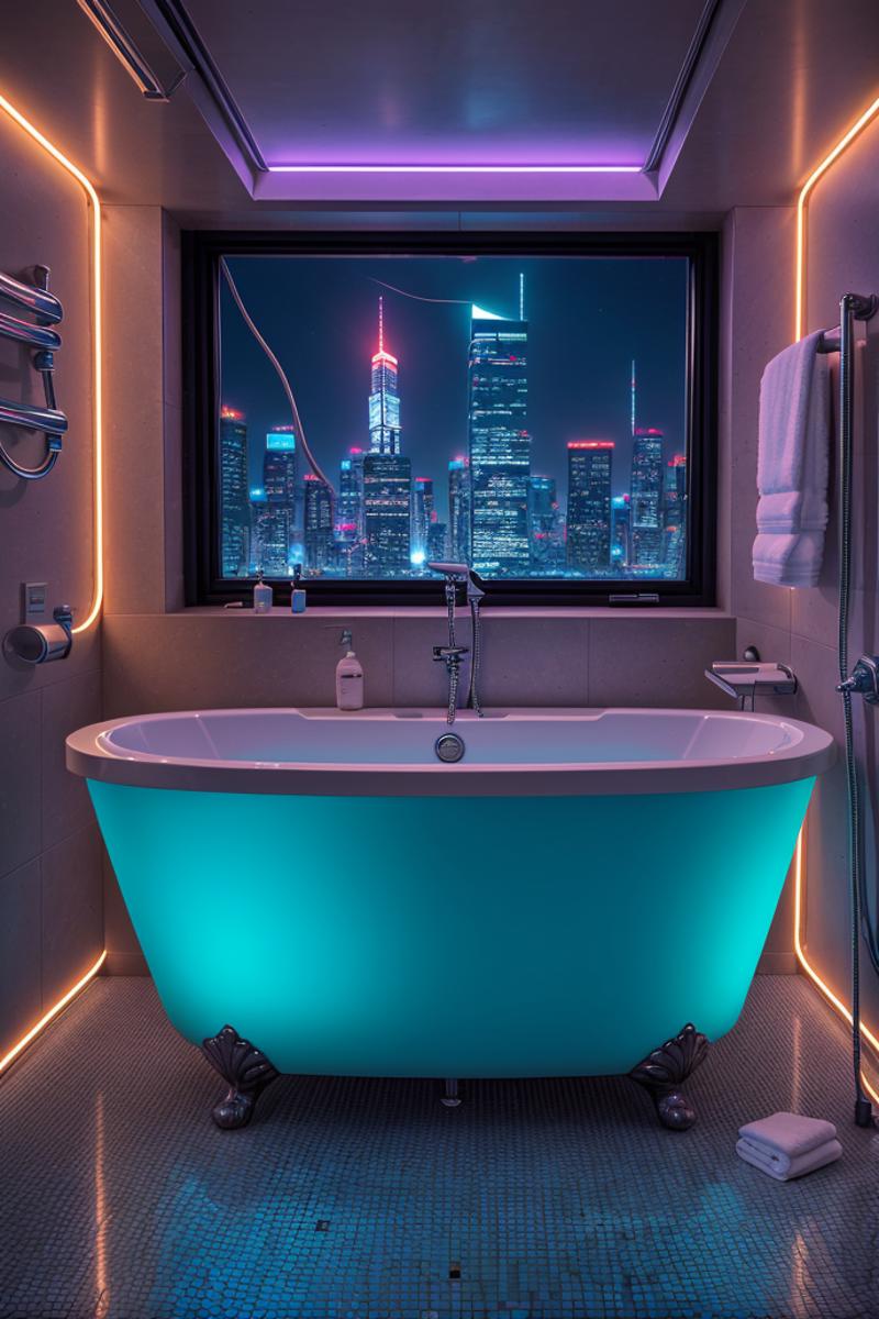 A Large Bathtub with Lights Illuminating a Cityscape at Night in the Reflection