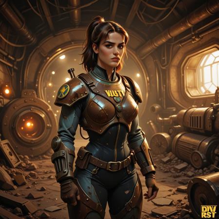 dvr-rst, fallout vault comedy art style, rusty, female