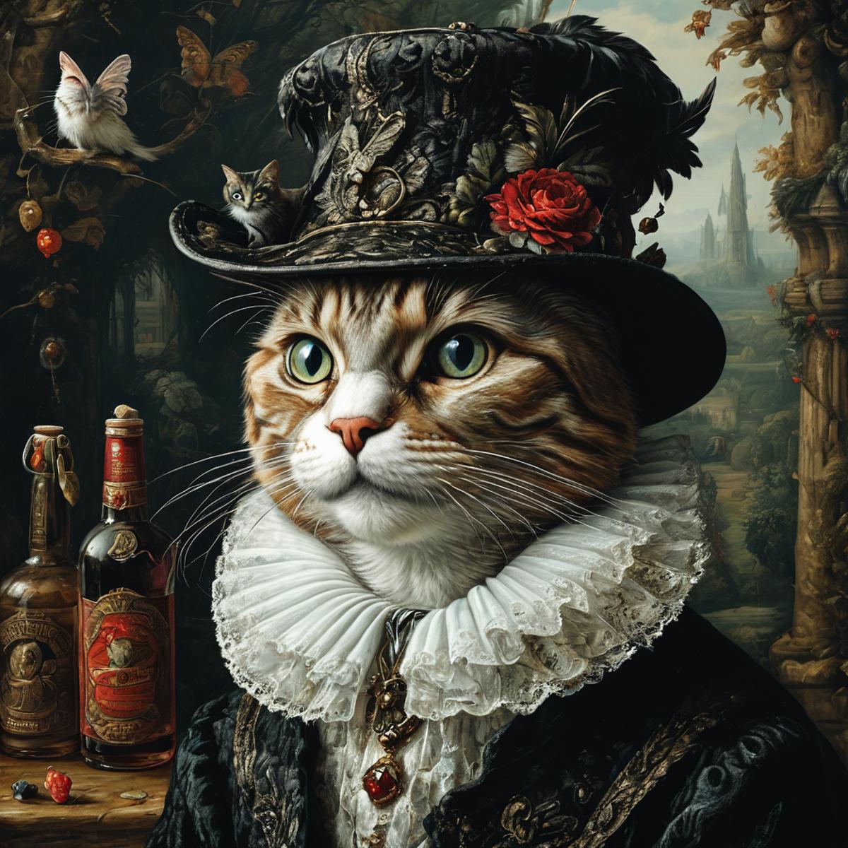 A painting of a cat wearing a top hat and lace collar.
