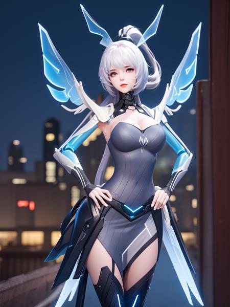 WZRYgongsunliJYZX, 1girl, solo, long hair, breasts, thighhighs, white hair, gloves, ponytail,bangs, dress,mechanical wings,drill hair,hair ornament ,cityscape, night,looking at viewer, mature female, hand on hip,  <lora:WZRYgongsunliJYZXii:0.75>,cowboy shot,