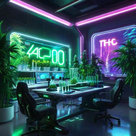 masterpiece,high quality,
420futurism,    <lora:420FuturismXL:0.8>
,lab, no humans, scenery, plant, chair, monitor, indoors, table, computer, tree, window, "420" text,futuristic,cyberpunk.neon light