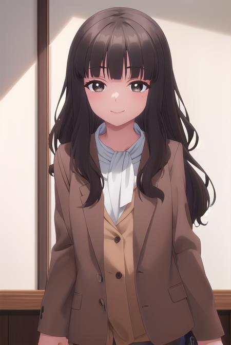 shihoko fujimiya, long hair, bangs, black hair, (brown eyes:1.5), blunt bangs, wavy hair, shirt, jacket, white shirt, coat, brown jacket,