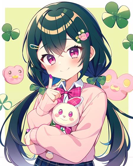 MARUMOCHI,1girl, hair ornament, clover, bow, twintails, smile, stuffed toy, green bow, solo, clover hair ornament, long hair, four-leaf clover, stuffed animal, green nails, black hair, hairclip, shirt, skirt, low twintails, doughnut, bangs, collared shirt, white shirt, stuffed bunny, plaid, long sleeves, food, bowtie, looking at viewer, pink bow, four-leaf clover hair ornament, hair bow, nail polish, sweater, blush, pink eyes