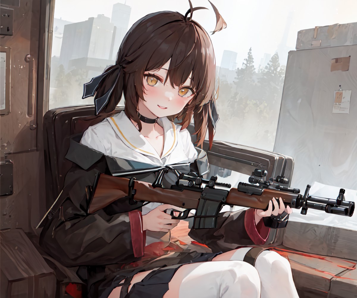 masterpiece, best quality,  <lora:mtf-000004:1>, M14, holding rifle, sitting, aiming at viewer,