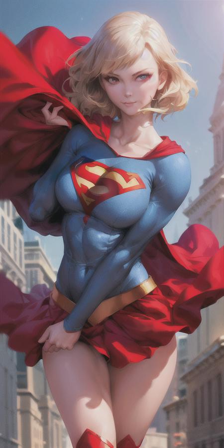 artgerm, 1girl, supergirl, large breasts, bodysuit, masterpiece, detailed, realistic, red cape, red skirt, <lora:supergirl_v1:0.6>