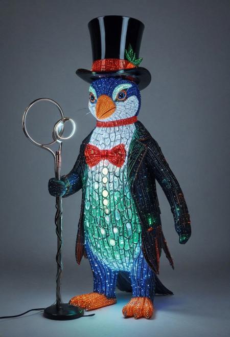 embedding:lazmpos, LED, colorful LED lights, RGB lights, red green and blue penguin, art deco, top hat, cane, monocle,RetroBG