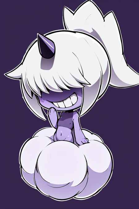 masterpiece, best quality, ebiblue, gesugao, 1girl, dazzy, white hair, ponytail, hair over eyes, single horn, (purple skin:1.3), cloud, grin, smile, solo, (black background, simple background:1.3), white outline, spot colors, shaded face <lora:Dazzi:1> <lora:Ebiblue:1>