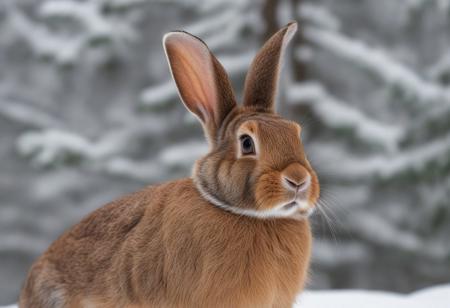 Brown rabbit with one ear outstretched and one ear down, snowy tree background