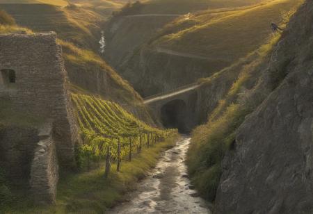 Claude Lorrain (golden hour), Vineyard on steep slate slopes, fox tracks in mud, clapper bridge over stream,grey heron stalking.,Art painting by Gustav Klimt and Takashi Murakami and Kay Sage, ,,
artstation trending, macro lens, volumetric light,
<lora:Illustration_Insanity:0.3>,
<lora:dreamshaperXL10_lora:0.7>,
<lora:extremely_detailed:0.3> extremely detailed,
<lora:DetailMaximizer:0.3>,, Surrealism art style, dreamlike and irrational imagery, explores the unconscious mind, juxtaposition of unlikely elements, challenges reality and logic