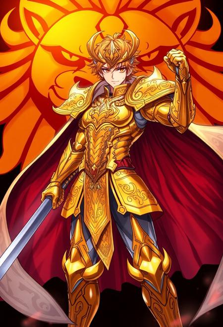 score_9, score_8_up, score_7_up, source_anime, masterpiece, best quality, mufengchun_style, 1boy, human, vibrant, high-detail, digital drawing, anime-inspired art style,male warrior, dramatic pose, dynamic pose, golden armor, intricate patterns, swirling patterns, flowing cape, helmet, stylized lion's face in background,fierce expression, determined expression, one hand raised, one hand fist, orange hair, detail.
stylized lion's head Behind, fierce expression. lion head blending with background, mufengchun_style, saintseiya, gold armor, armor, male focus, 1boy, full armor, weapon, helmet, lion, blonde hair, cape, full body, sword
golden armor, ornate, detailed, helmet, lion motif, chest plate, shoulder pauldrons, arm guards, gauntlets, elbow protectors, belt, decorative fabric, thigh guards, knee plates, greaves, boots, segmented plating, embossed, angular, battle stance, clenched fist, determined expression, ghostly lion head, energy waves, swirling cloth, orange embers, dark background, mystical, epic atmosphere, focused eyes, dynamic pose, protective ridges, intricate carvings, mythical, powerful, dramatic