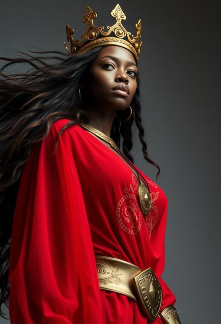 very low angle, african princess, extremely beautiful, very long hair, brass crown, wind, epic heroic  pose, transparent red robe , brass armour, perfect and natural breast,  masterful photography studio, grey background