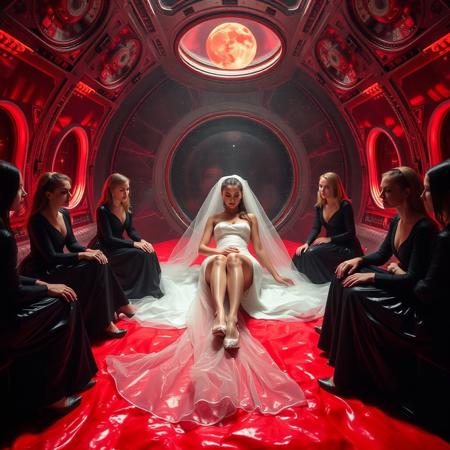 high-society elegant slender norvegian  rich   innocent young bride wearing   glossy silver high heels and glossy transparent slime  high slit wedding gown with matching long veil,  laying in   whorish lush  glossy red foil breeding  bed in center of alien breeding space capsule, legs spreade wide apart by  by arrogant ladies wearing glamour glossy black evening gowns and glossy high heels, sitting  and holding her legs and arms, eerie fog that wafts up from the fleshy jelly floor, encased in light beam from the chamber celling, awaiting her alien master, strugging to break free and escape, transparent crystal walls,  colossus observation portholes to outer space full of stars, bright red moon, vintage-inspired makeup, long hairs, ultra thin waist, evil grin, porcelain skin, lipstick, red nails, in the style of a haunting, retro-futuristic 1950s sci-fi nightmare, horror, alien space base,