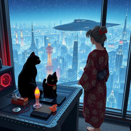 Jiji, the cat from Kiki's Delivery Service sits on a cluttered metal riveted desk with transparent top and rgb led computer components visible inside, On the desk are a maneki neko statue and a lava lamp, Jiji the Black Cat is looking out of a seamless and futuristic floor to ceiling window that looks out at a very high view from an apartment on the 400th floor of a futuristic Tokyo skyscraper, the year is 2250, The city has thousands of enormous wide and tall futuristic skyscrapers and space ships covered with lights in the sky, (((Kiki from Kiki's Delivery Service, 24 years old, is standing next to the cat looking out at the enormous city at night, filled with buildings of many shapes and sizes, some over a mile tall))), Kiki is dressed in an ornate Japanese style bath robe. An enormous starship with futuristic lighting and design is visible high above the city, and a space station is visible in the background among the stars, The woman's hair is messy from just waking up and tied up with a ribbon. Artistic cyberpunk, dynamic perspective, The focus is on Jiji and Kiki standing together looking out the window at the view together, (((overall architectural aesthetic is Art Deco Cyberpunk))).  Mt Fuji can be seen in the far distance,