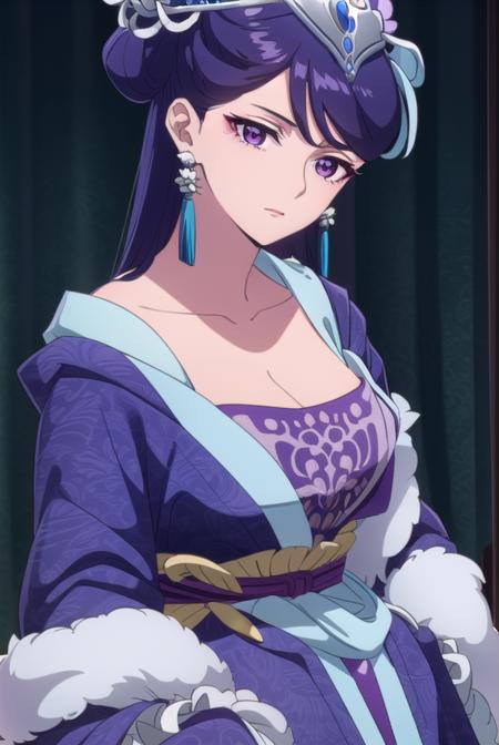 lihua, <lora:lihua s1-lora-nochekaiser:1>,
lihua, long hair, (purple eyes:1.1), purple hair, flower, earrings, hair flower, makeup, lipstick,
BREAK cleavage, jewelry, chinese clothes, hanfu,
BREAK indoors,
BREAK looking at viewer, (cowboy shot:1.5),
BREAK <lyco:GoodHands-beta2:1>, (masterpiece:1.2), best quality, high resolution, unity 8k wallpaper, (illustration:0.8), (beautiful detailed eyes:1.6), extremely detailed face, perfect lighting, extremely detailed CG, (perfect hands, perfect anatomy),