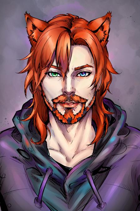 Duskfallcrew Art Style,  solo,  blue eyes,  1boy,  animal ears,  green eyes,  male focus,  cat ears,  hood,  orange hair,  facial hair,  heterochromia,  beard,  purple background,  mustache, <lora:EMS-57370-EMS:0.800000>