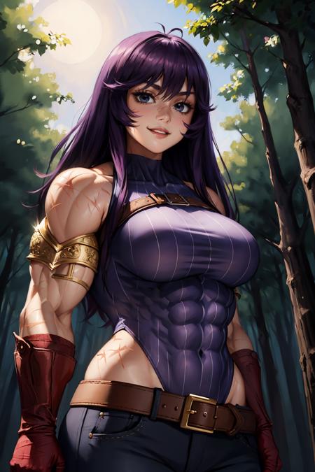 masterpiece, best quality, <lora:ramia-nvwls-v1-000010:0.9> ramia, purple hair, scar, bandages, ribbed sweater, leotard, belt, pants, looking at viewer, upper body, large breasts, furrowed brow, smile, from below, night, forest, muscular