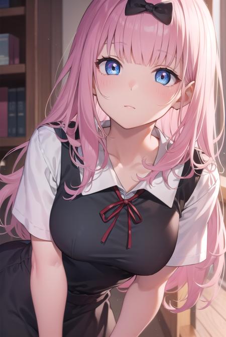 chikafujiwara, <lora:chikafujiwaratest:1>,
chika fujiwara, black bow, blue eyes, blunt bangs, hair bow, long hair, pink hair,
BREAK black dress, dress, pinafore dress, school uniform, shirt, short sleeves, shuuchiin academy school uniform, white shirt,
BREAK looking at viewer,
BREAK indoors, classroom,
BREAK <lora:GoodHands-vanilla:1>, (masterpiece:1.2), best quality, high resolution, unity 8k wallpaper, (illustration:0.8), (beautiful detailed eyes:1.6), extremely detailed face, perfect lighting, extremely detailed CG, (perfect hands, perfect anatomy),