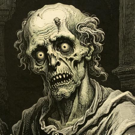 (woodcut illustration:1.2) in detailed gustavedore style, book illustration, crisp even lines, medium contrast, Tenebrism
portrait of Zombie, detailed eyes, 
by gustave dore <lora:GustaveDore_StyleXLv6.1:1.0>  <lora:xl_more_art-full_v1:0.25> <lora:add-detail-xl:0.45>