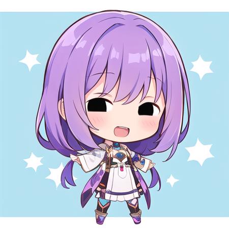 1girl, (chibi:1.4), smile, open mouth, upper body, standing, , purple hair,
<lora:hotarueye_comic10_v080:1>