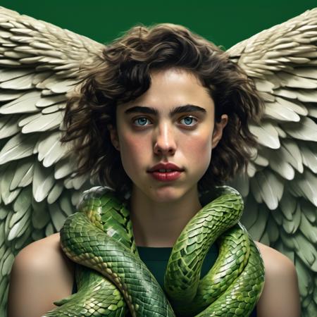 <lora:margaret_qualley_xl_lora_10:1>  margaret qualley fashion photo, Realistic 8K portrait: A young tomboy,  blonde, short hair,  green eyes,  large snake wrapped around her neck,  angel wings; dramatic lighting, cinematic colors; hyper-above